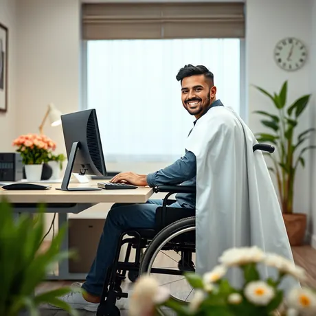 Man in wheelchair working on a computer wearing a white superhero cape
